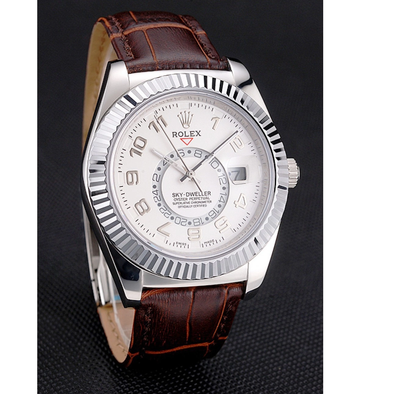 Good copy rolex watches Stainless Case Dweller Sky Rolex White Steel Dial Strap Brown Leather 0715